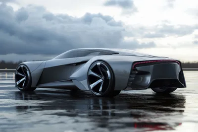 Futuristic Silver Concept Sports Car on Wet Asphalt