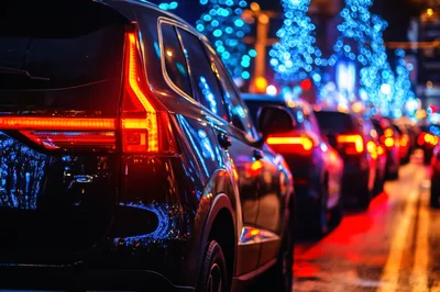 Traffic Jam At Night With Festive Holiday Lights