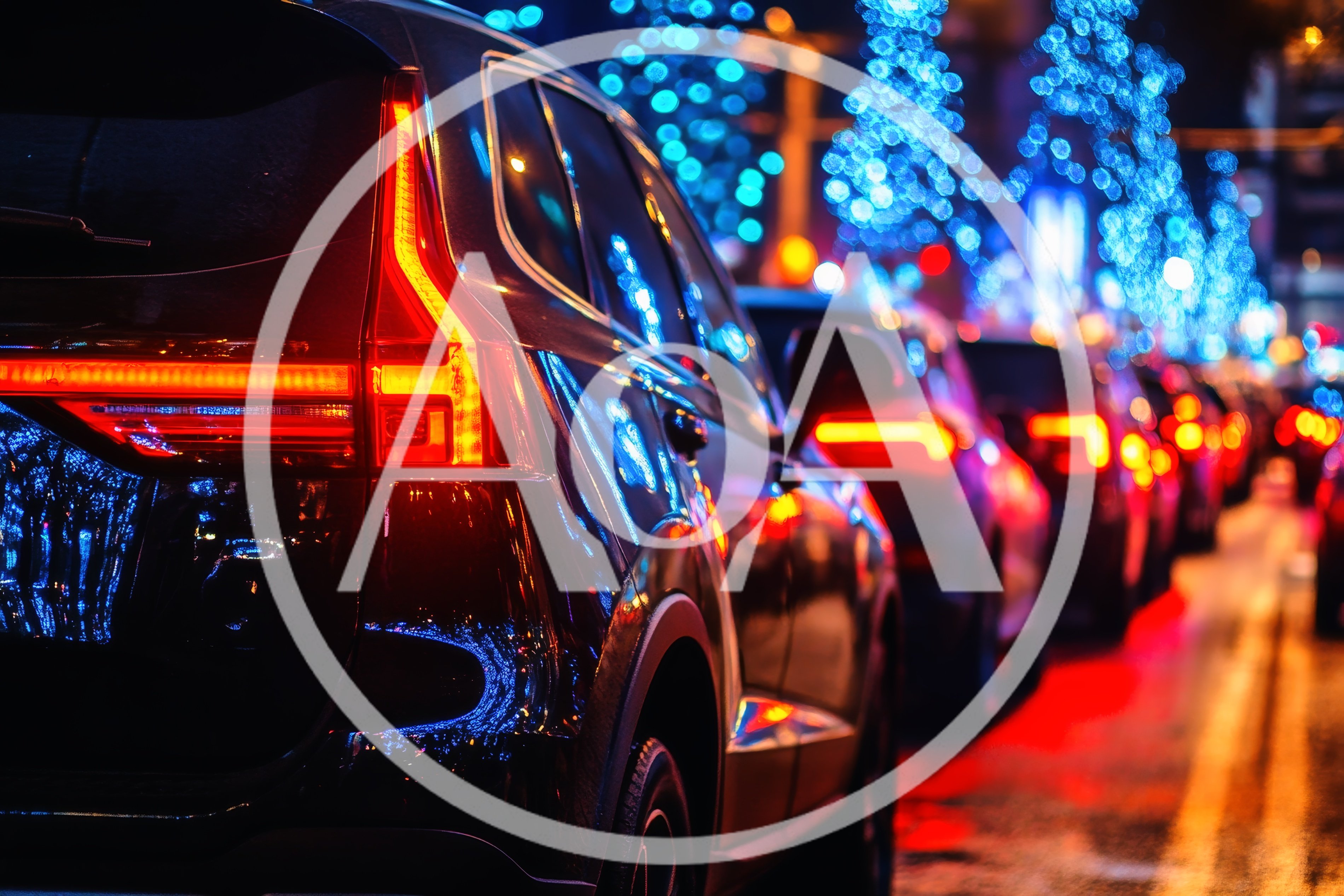 Traffic Jam At Night With Festive Holiday Lights