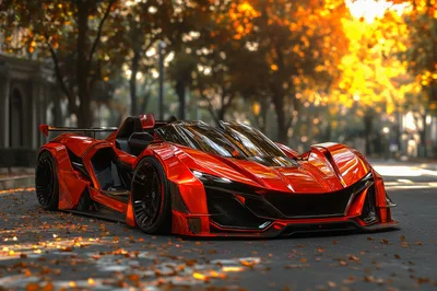 Futuristic Red Sports Car Parked On Autumn Street