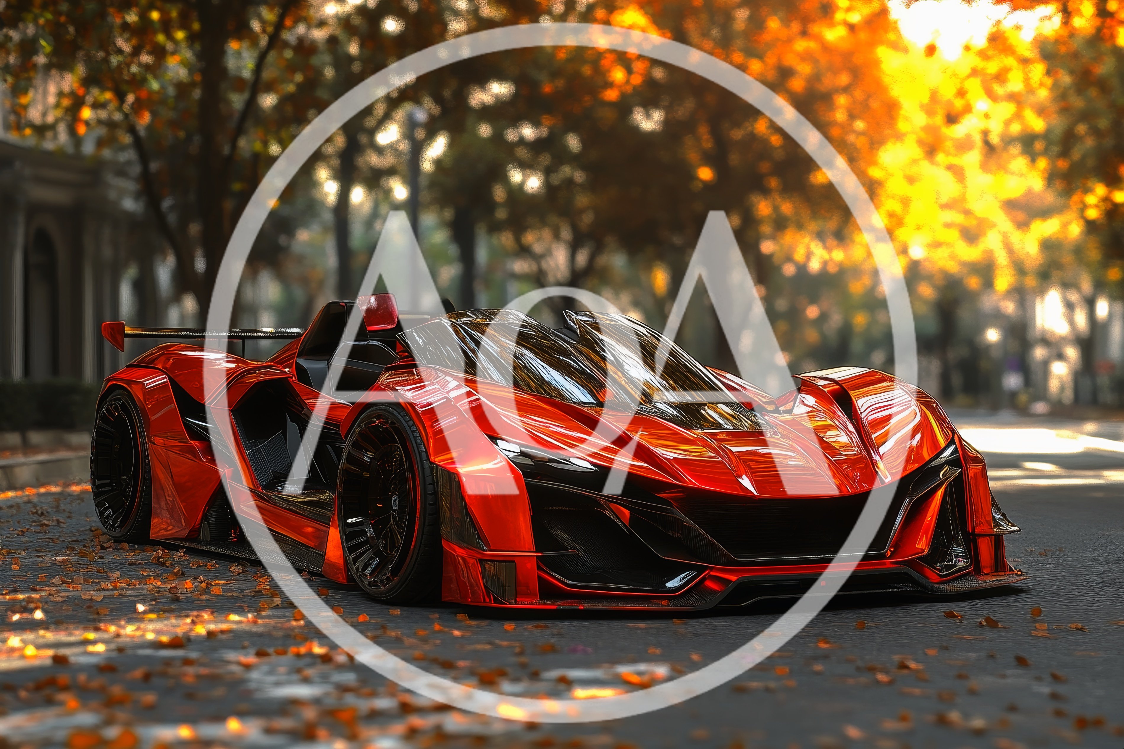 Futuristic Red Sports Car Parked On Autumn Street