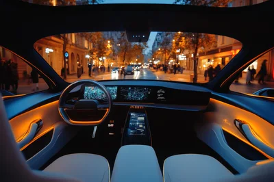 Futuristic Car Interior Driving Through City Streets At Night