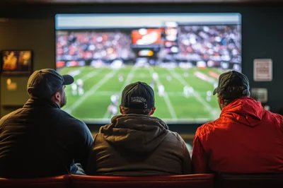Three Men Watching Football Game On Large Screen