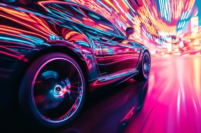 Sports Car Driving Through Neon City Streets