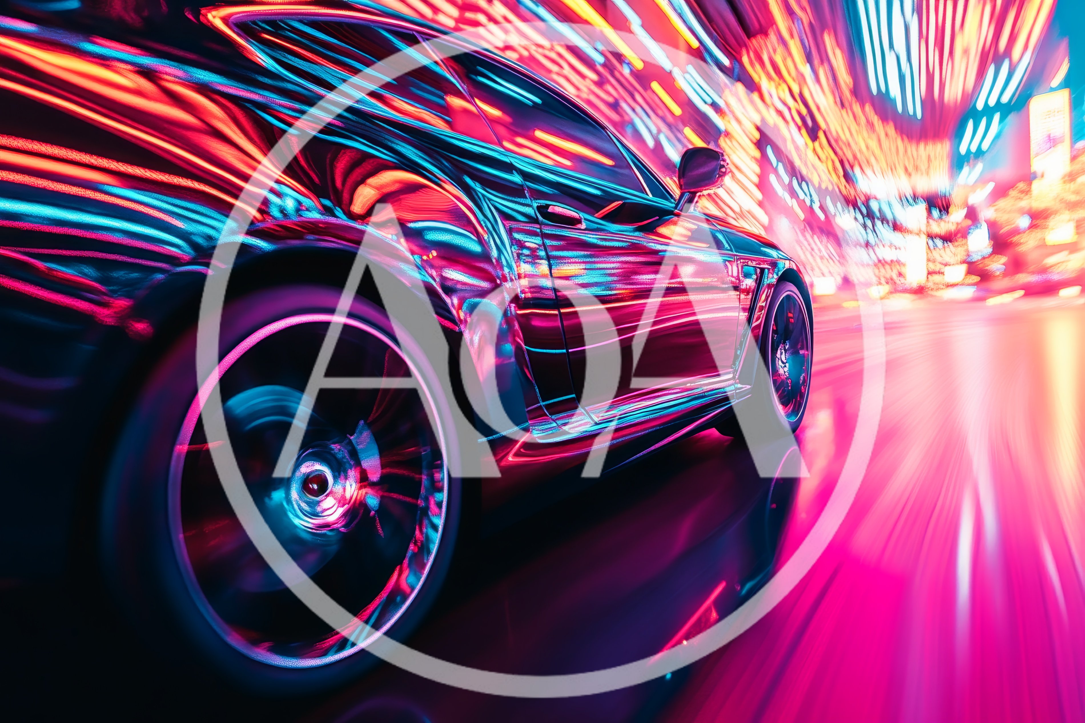 Sports Car Driving Through Neon City Streets