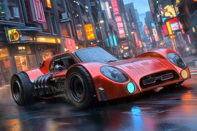 Futuristic Red Sports Car Driving Through Neon City