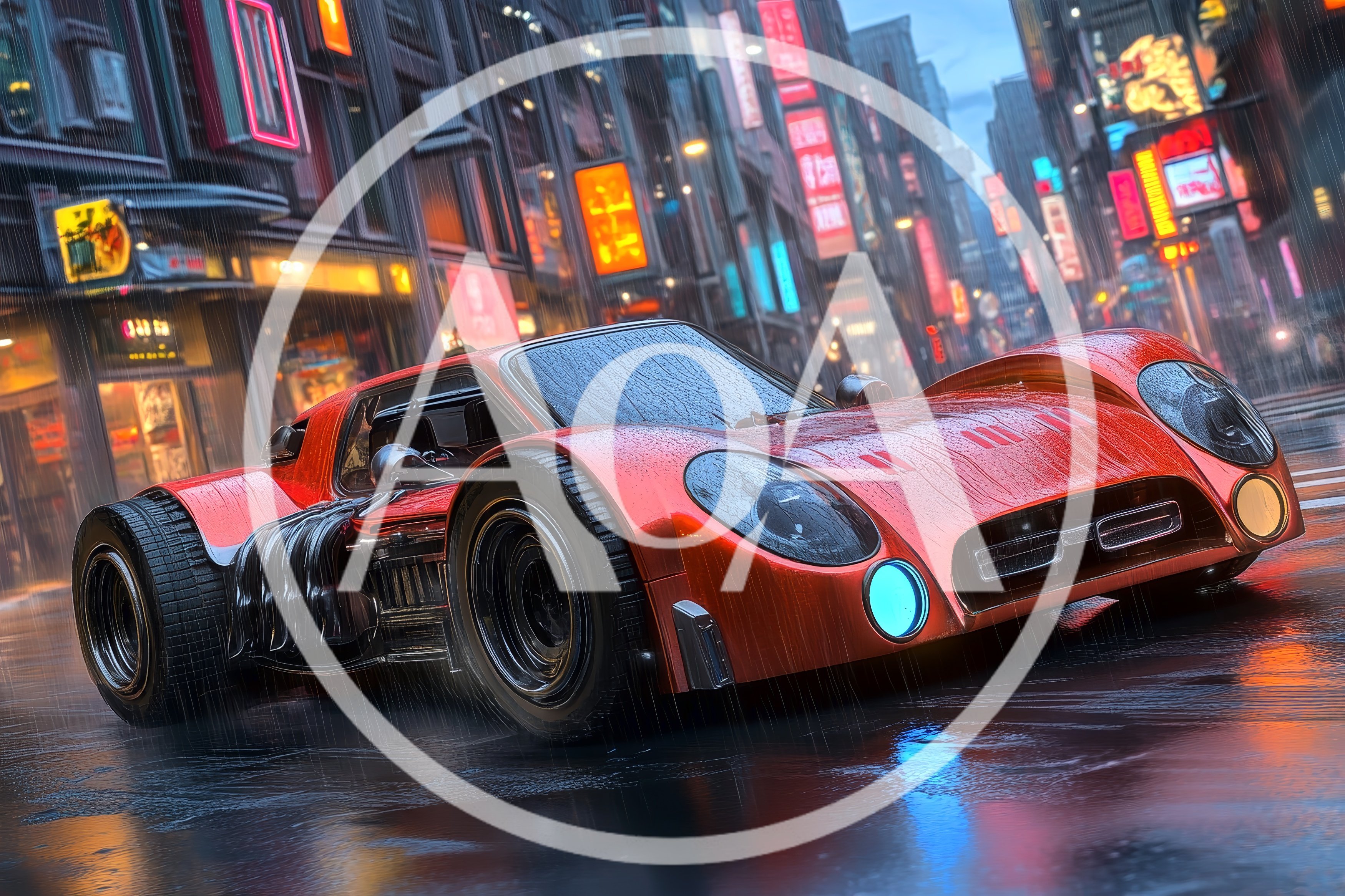 Futuristic Red Sports Car Driving Through Neon City