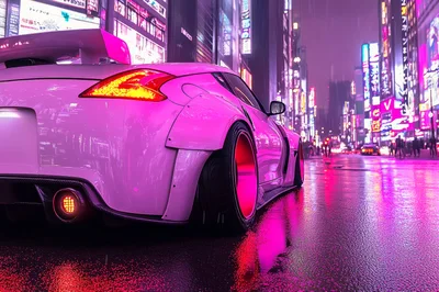 Modified Sports Car Parked On Neon Lit City Street