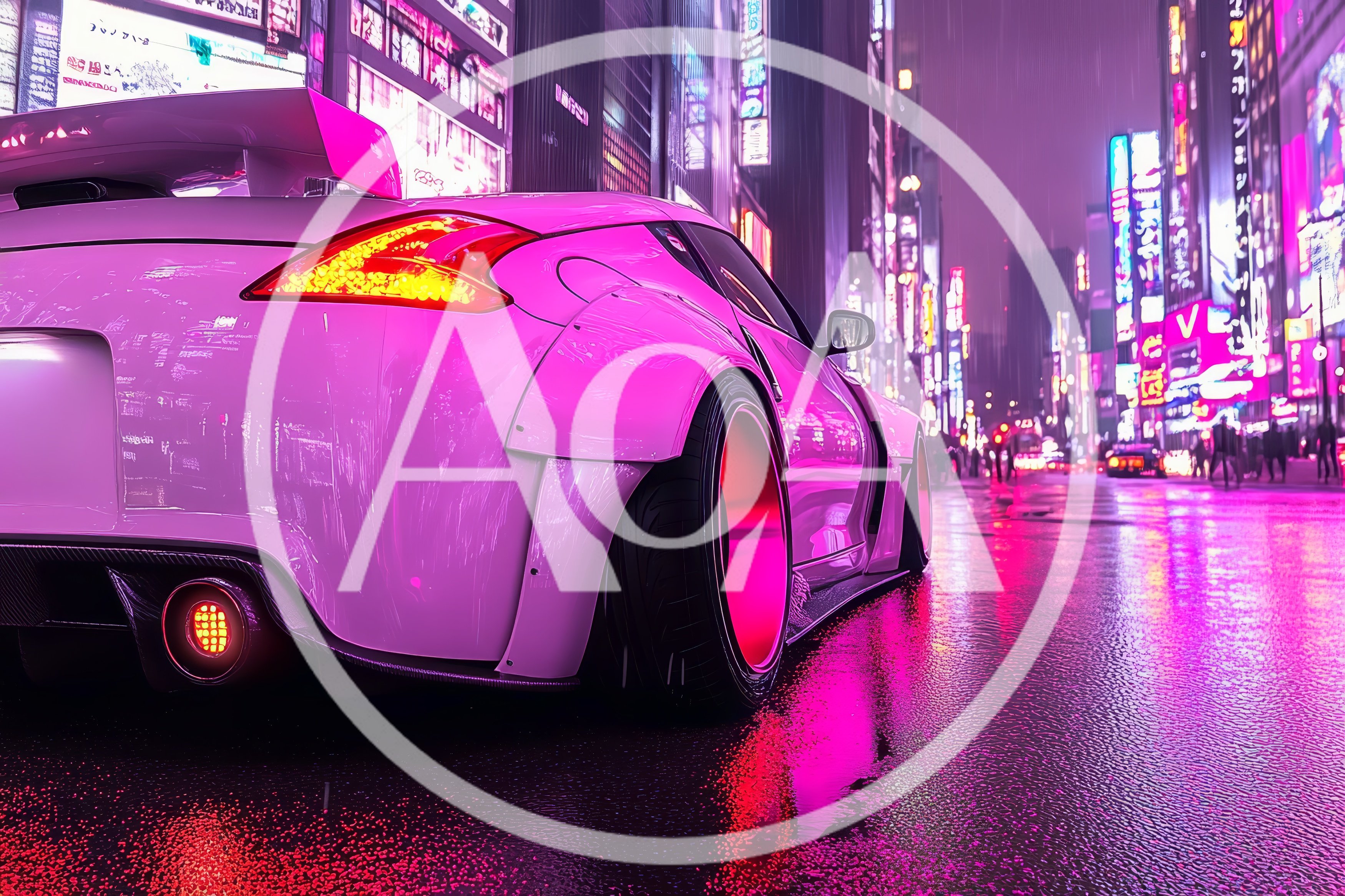 Modified Sports Car Parked On Neon Lit City Street