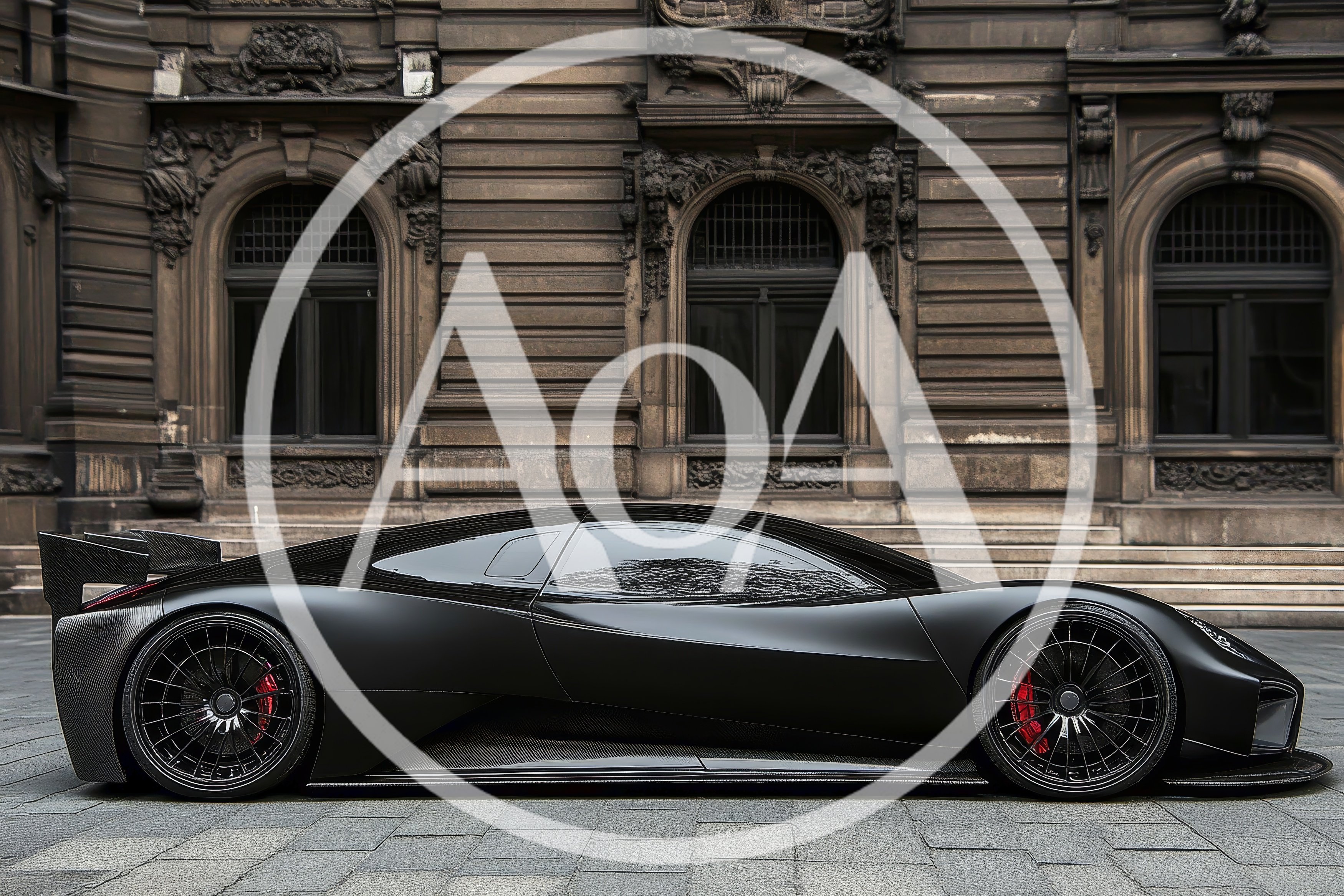 Matte Black Supercar Parked In Front Of Historic Building