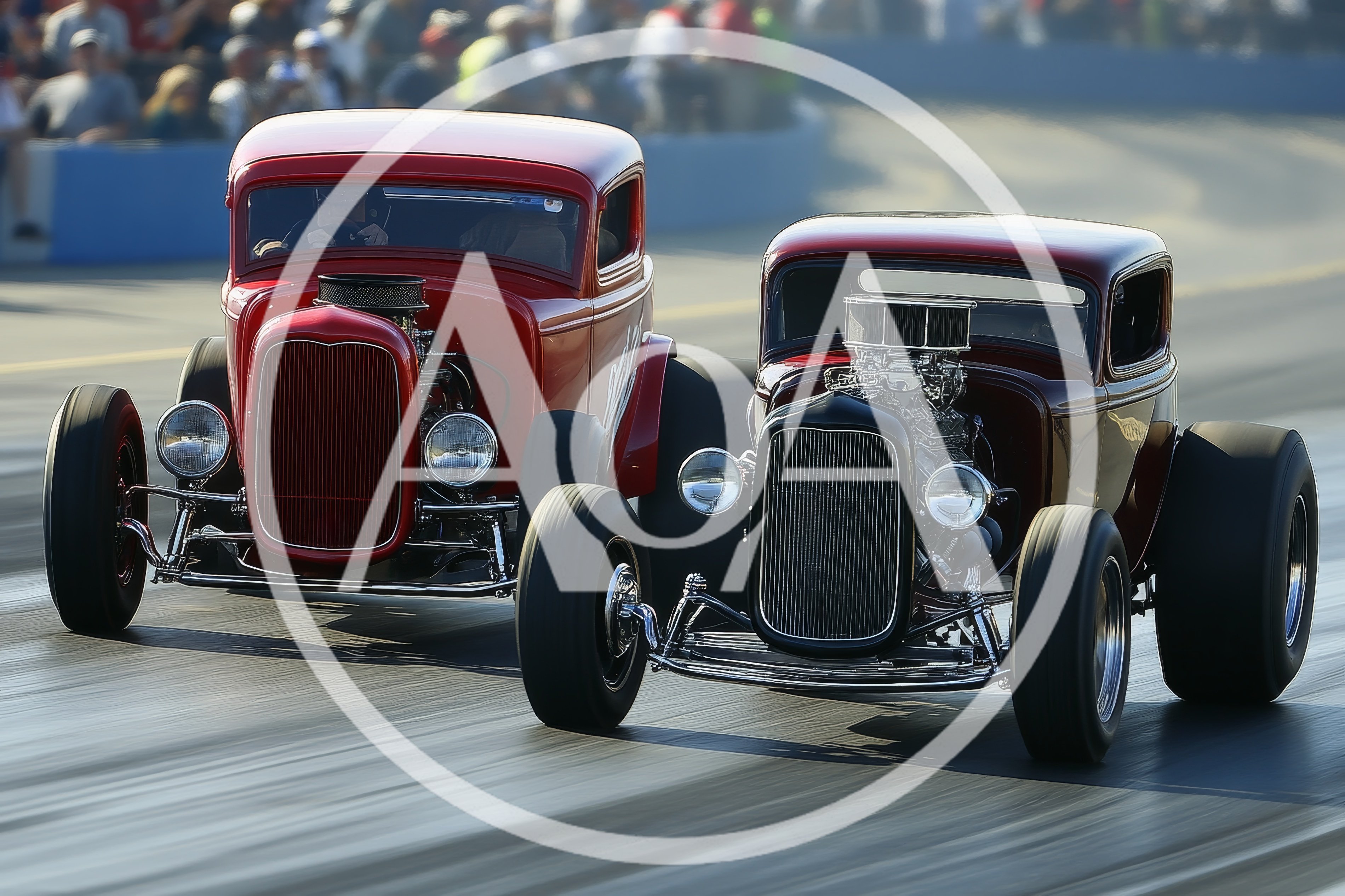 Two Vintage Hot Rods Racing On Drag Strip