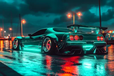 Modified Sports Car Parked At Night