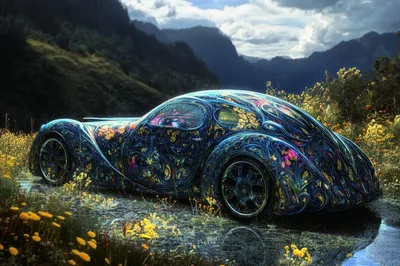 Surreal Psychedelic Sports Car In Mountain Meadow