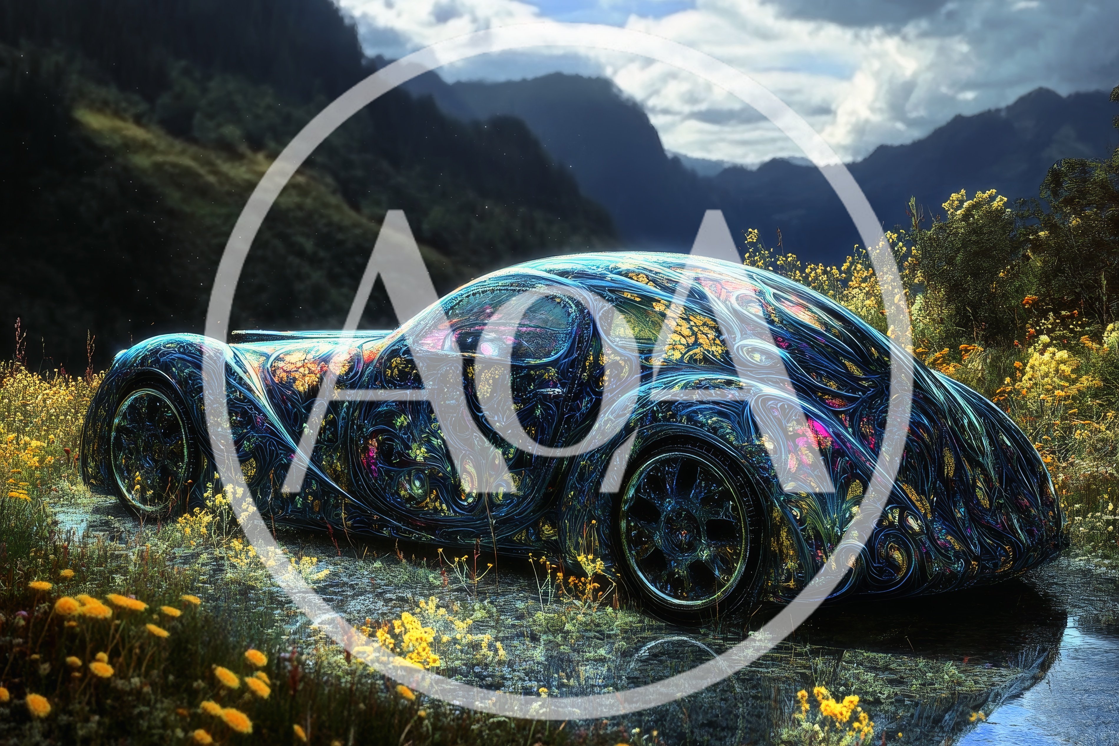 Surreal Psychedelic Sports Car In Mountain Meadow
