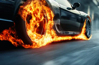 Black Sports Car With Flaming Wheels Speeding On Road