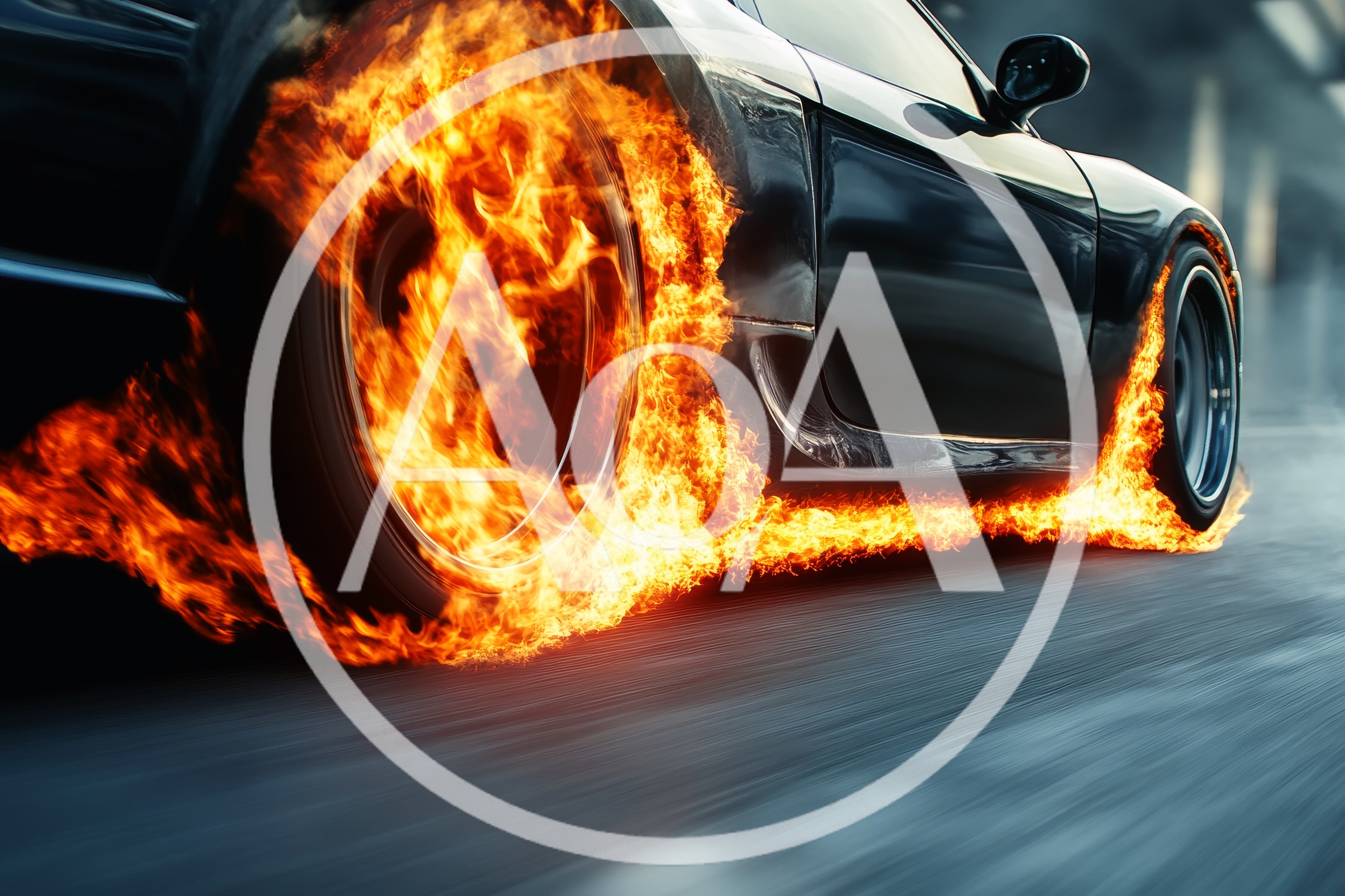Black Sports Car With Flaming Wheels Speeding On Road