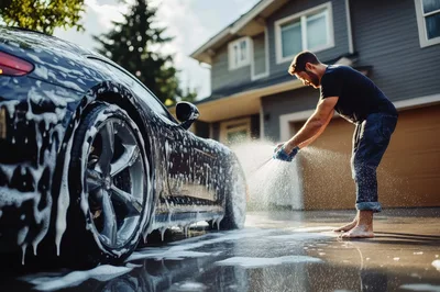 Man Washing Black Sports Car In Residential Driveway