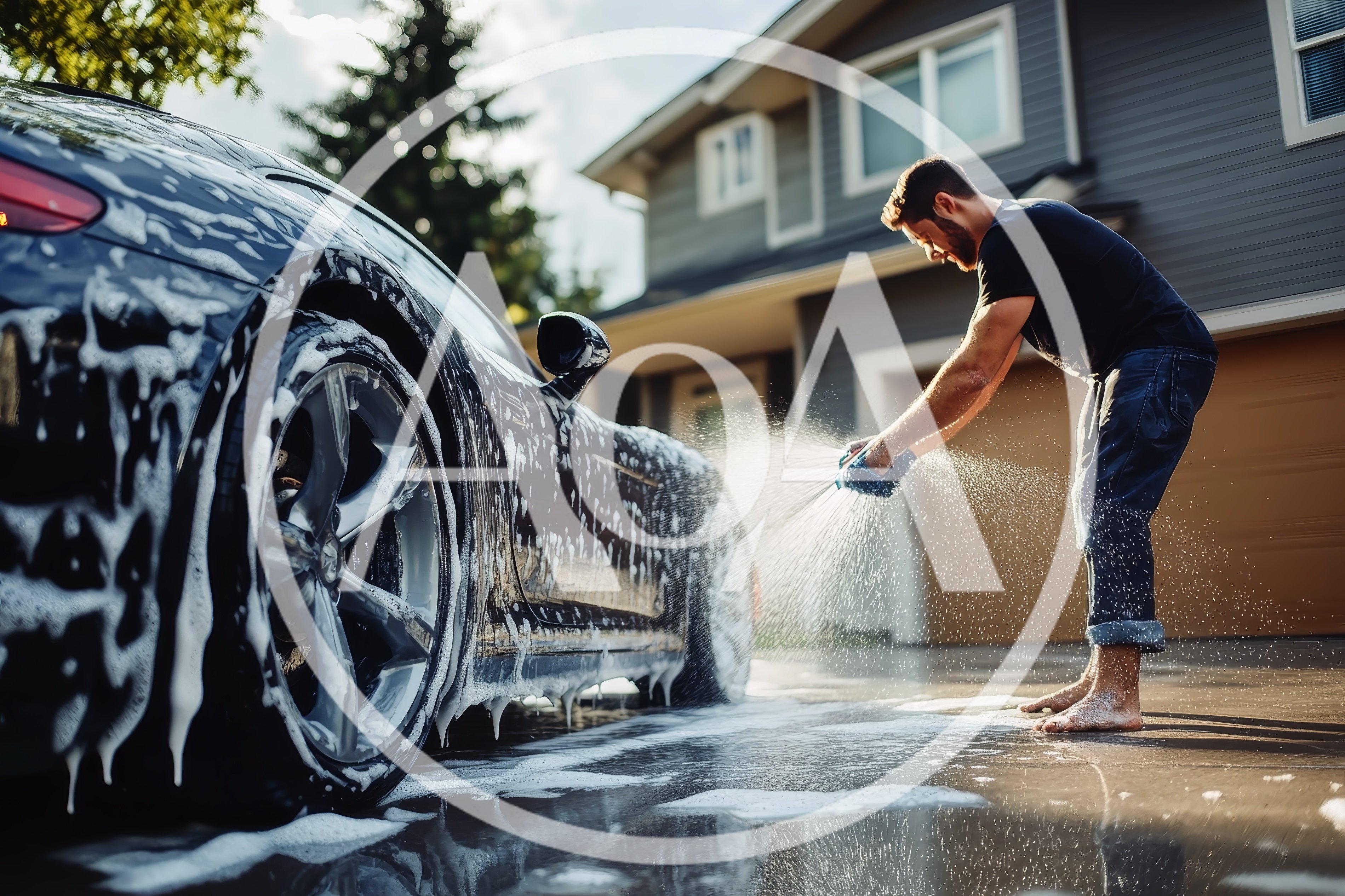 Man Washing Black Sports Car In Residential Driveway