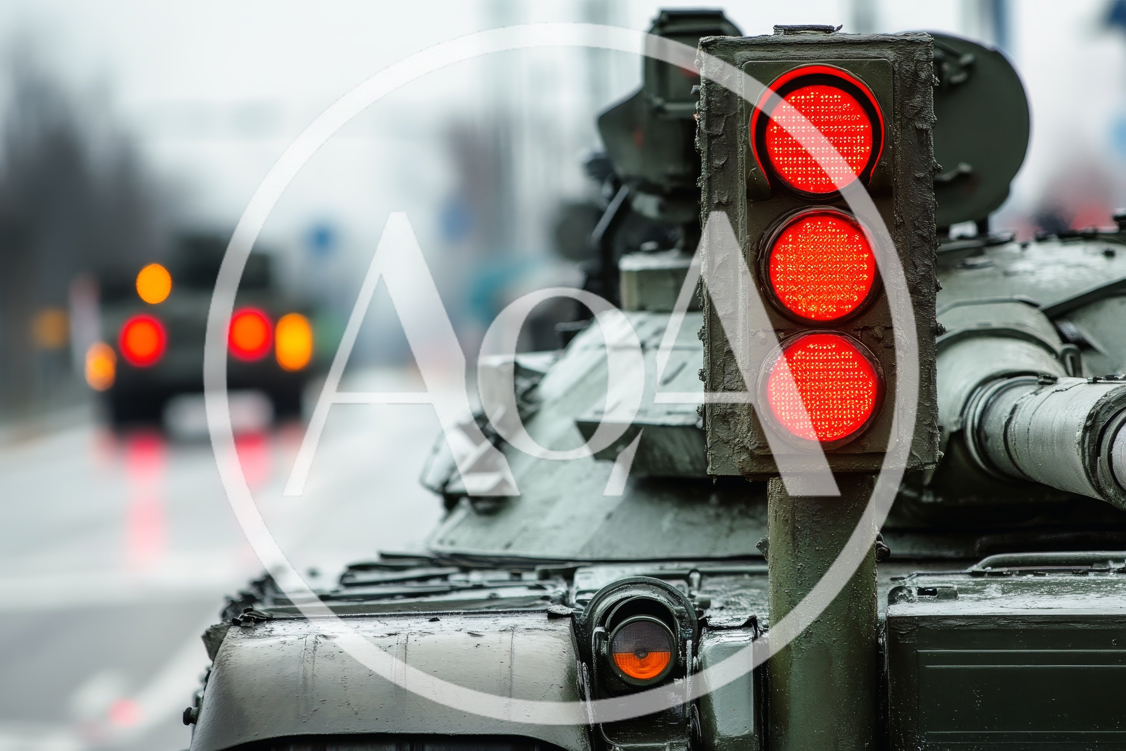 Military Tank Driving Past Traffic Light