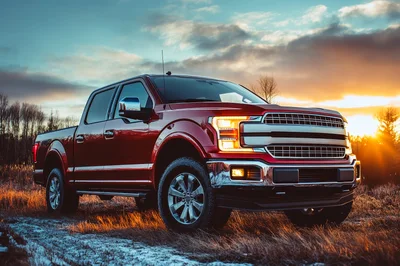 Red Pickup Truck Parked In A Grassy Field