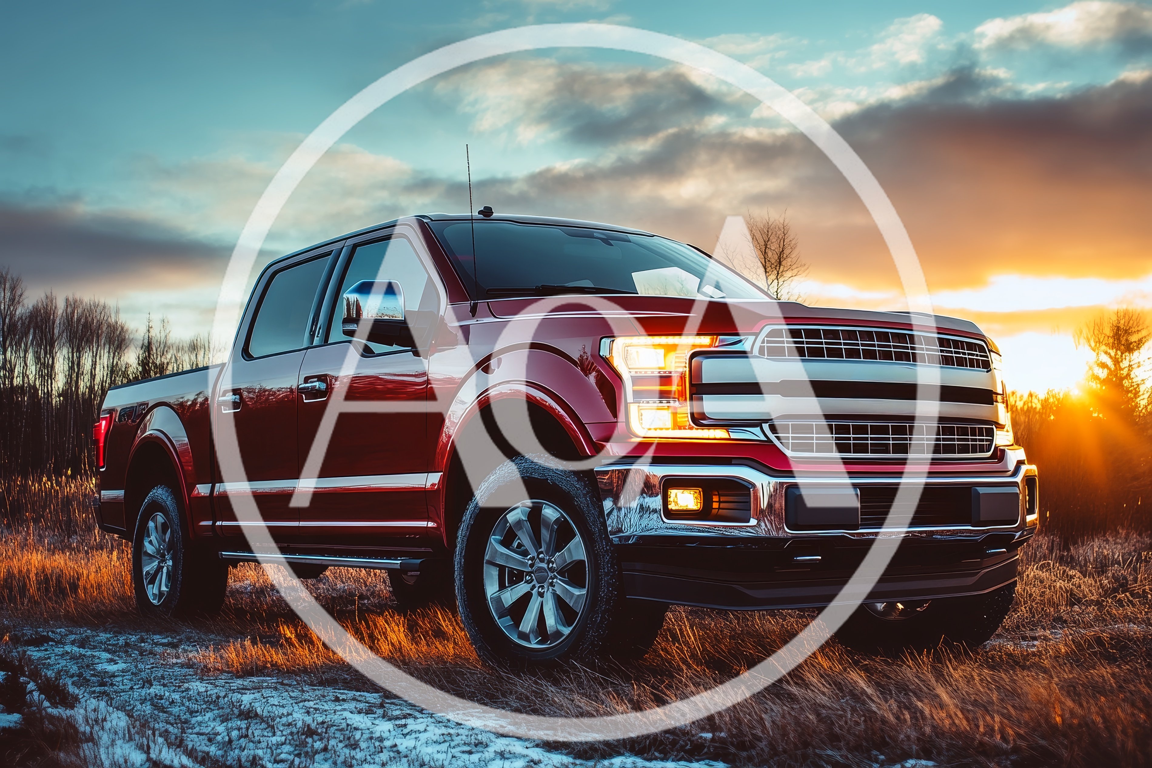 Red Pickup Truck Parked In A Grassy Field