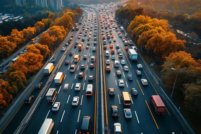 Aerial View Of Heavy Traffic On A Multi Lane Highway