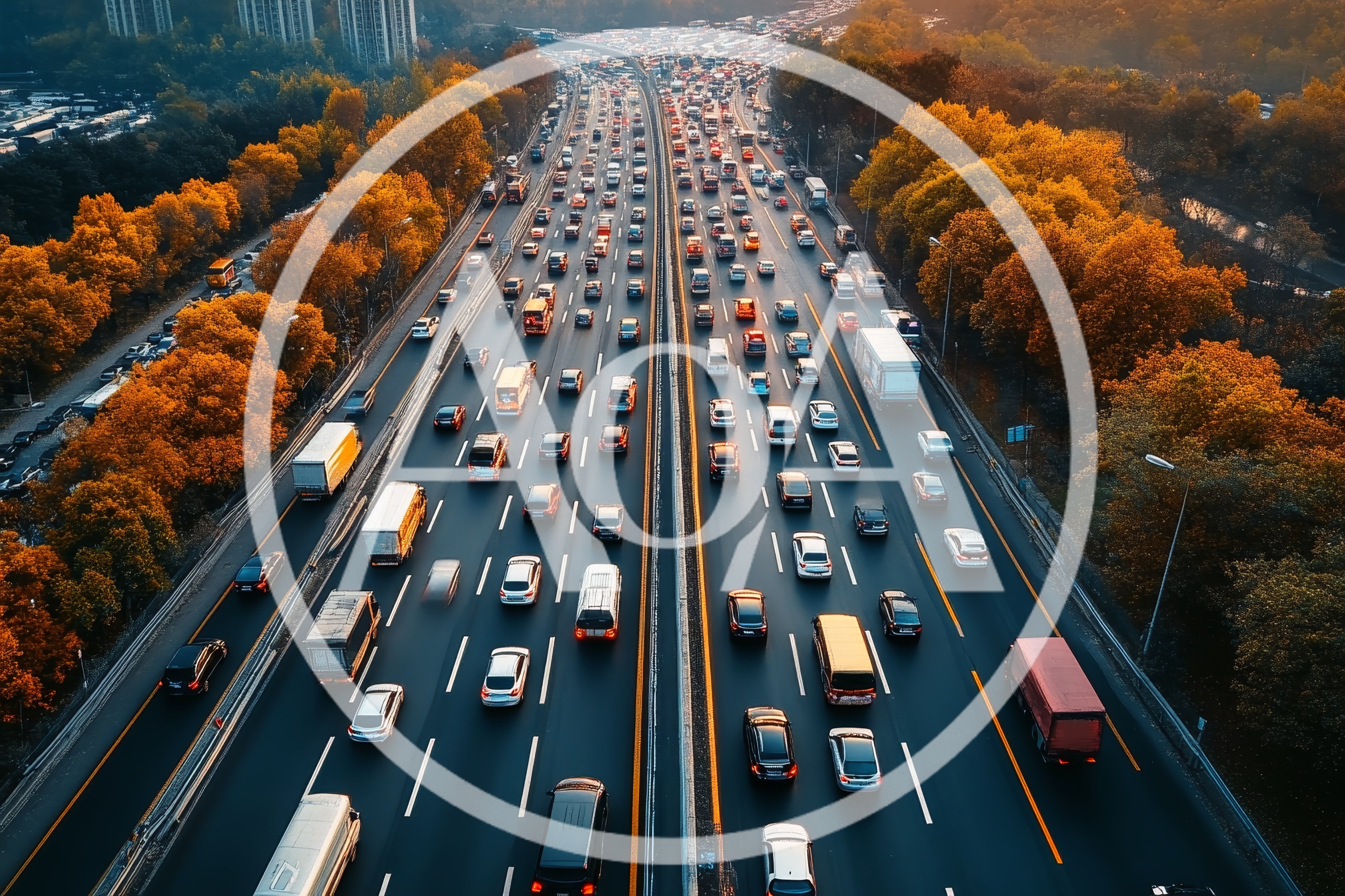 Aerial View Of Heavy Traffic On A Multi Lane Highway