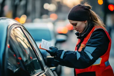 Traffic Warden Issuing A Parking Ticket To A Car