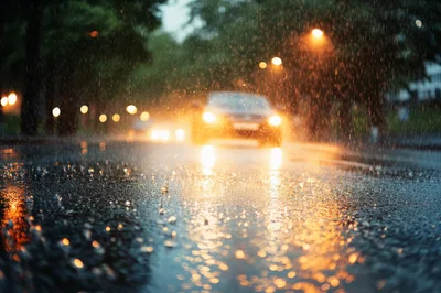Car Driving on Wet Asphalt Road During Rainstorm