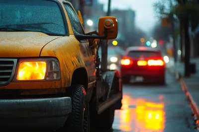 Yellow Tow Truck Parked On Rainy City Street