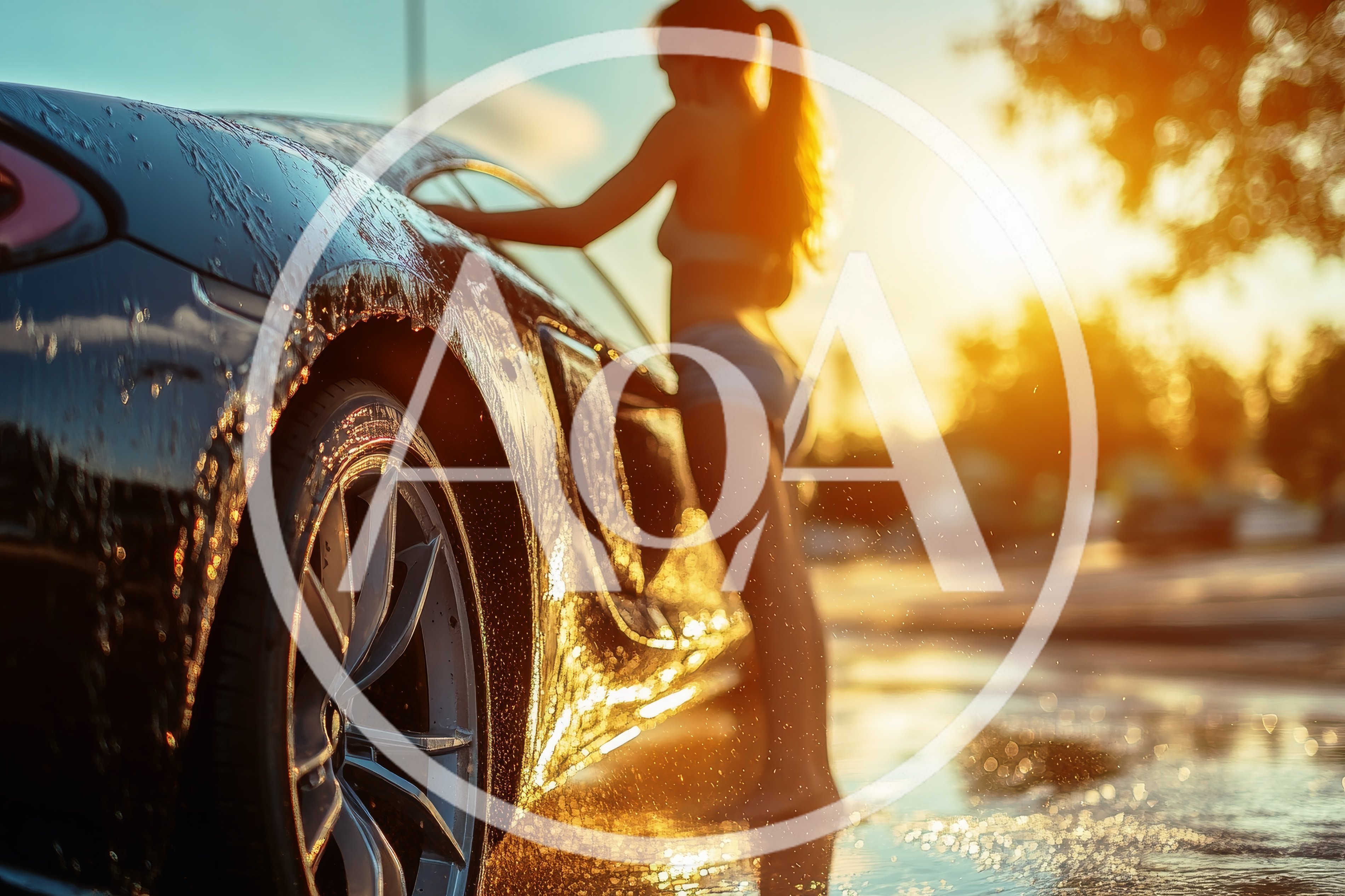 Woman Washing A Sports Car At Sunset