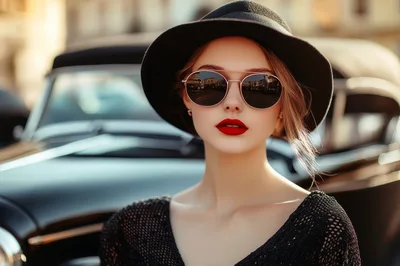 Elegant Woman Wearing Hat And Sunglasses By Vintage Car