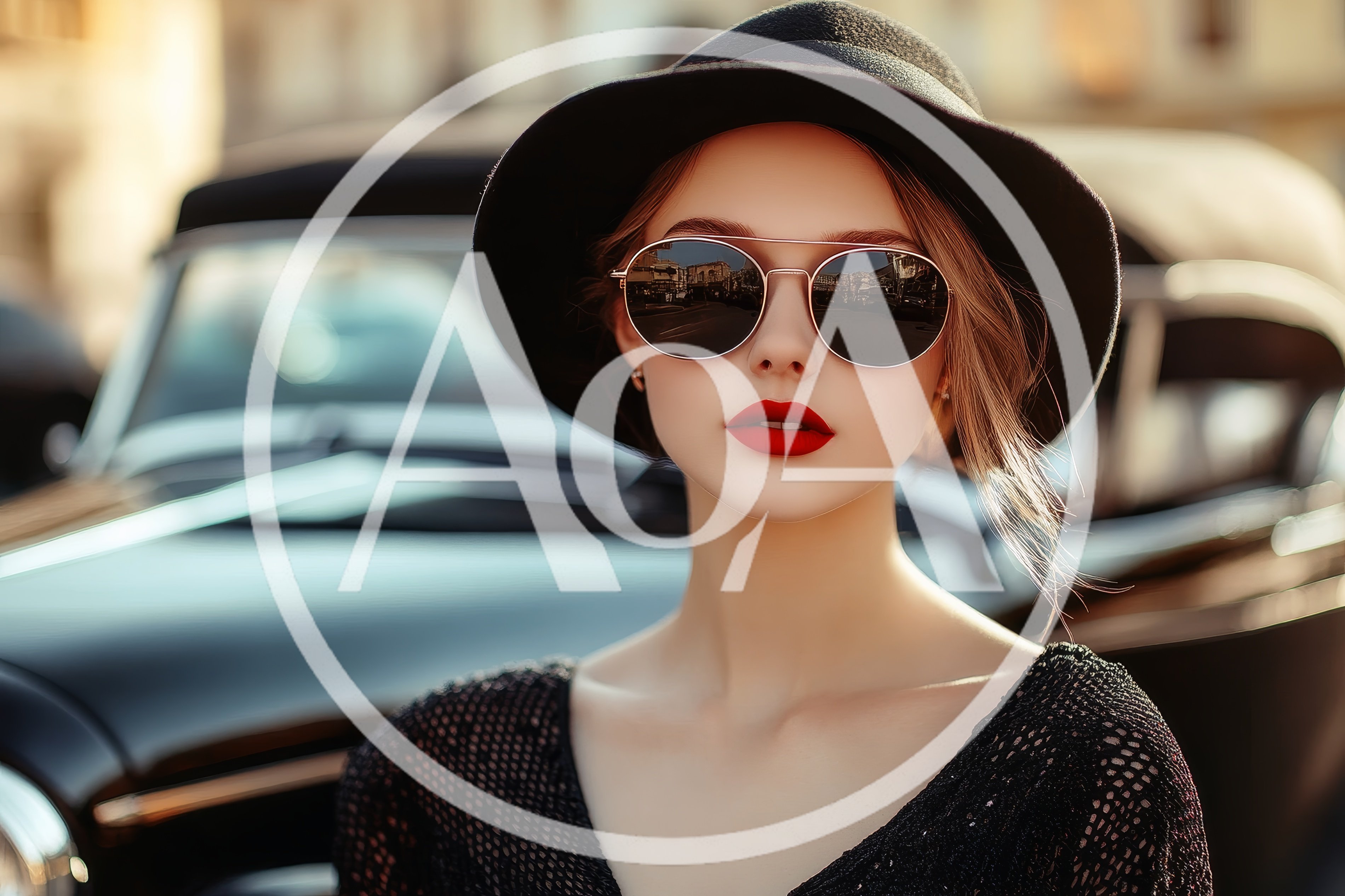 Elegant Woman Wearing Hat And Sunglasses By Vintage Car