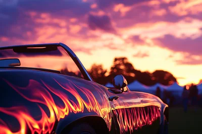Classic Convertible Car With Flame Decals At Sunset