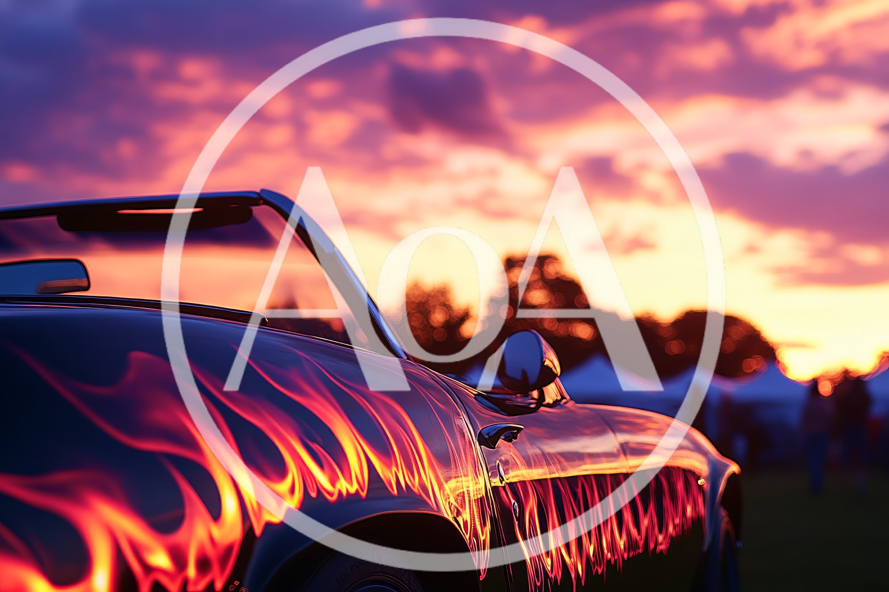Classic Convertible Car With Flame Decals At Sunset