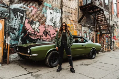 Young Woman Posing With Vintage Muscle Car