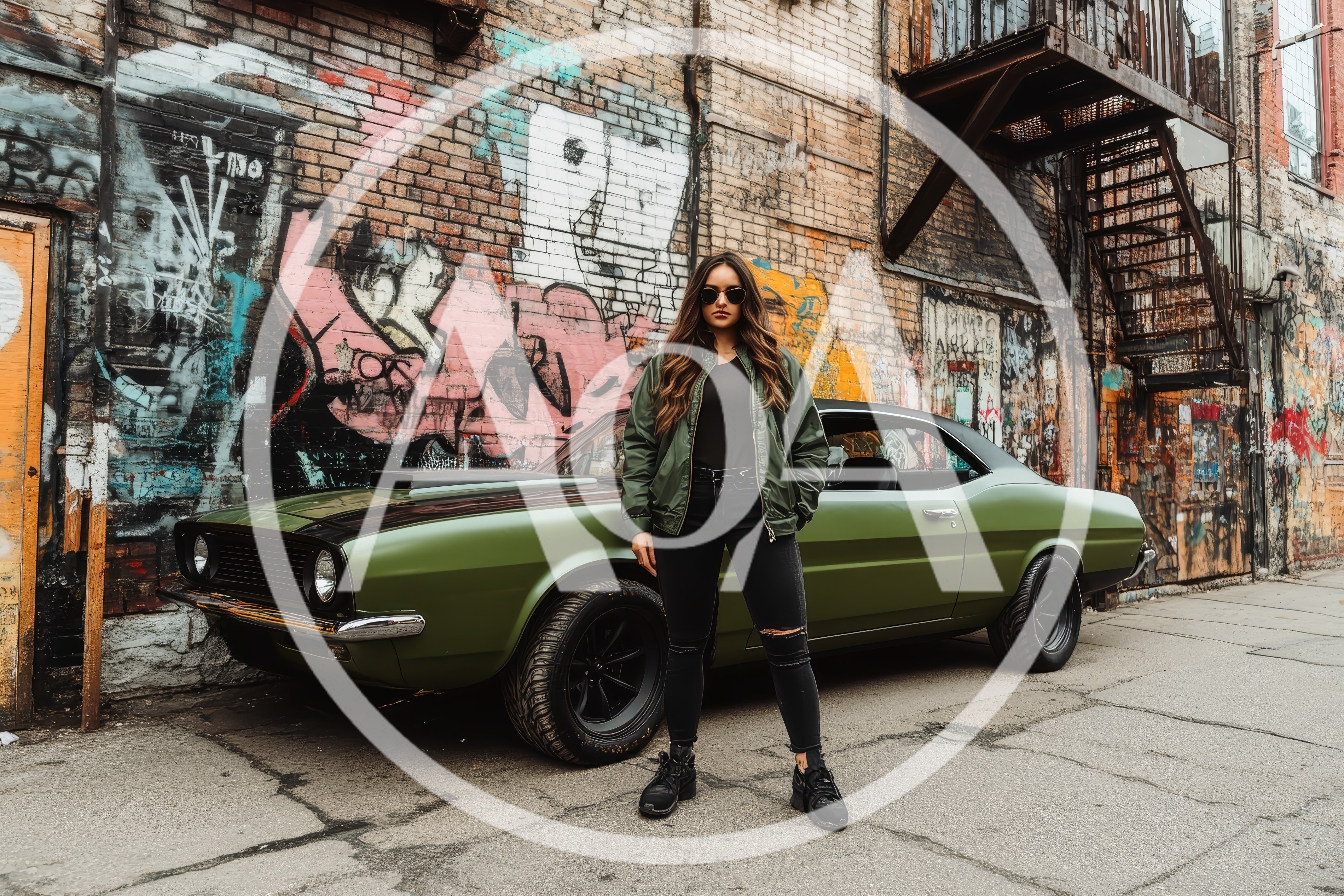 Young Woman Posing With Vintage Muscle Car