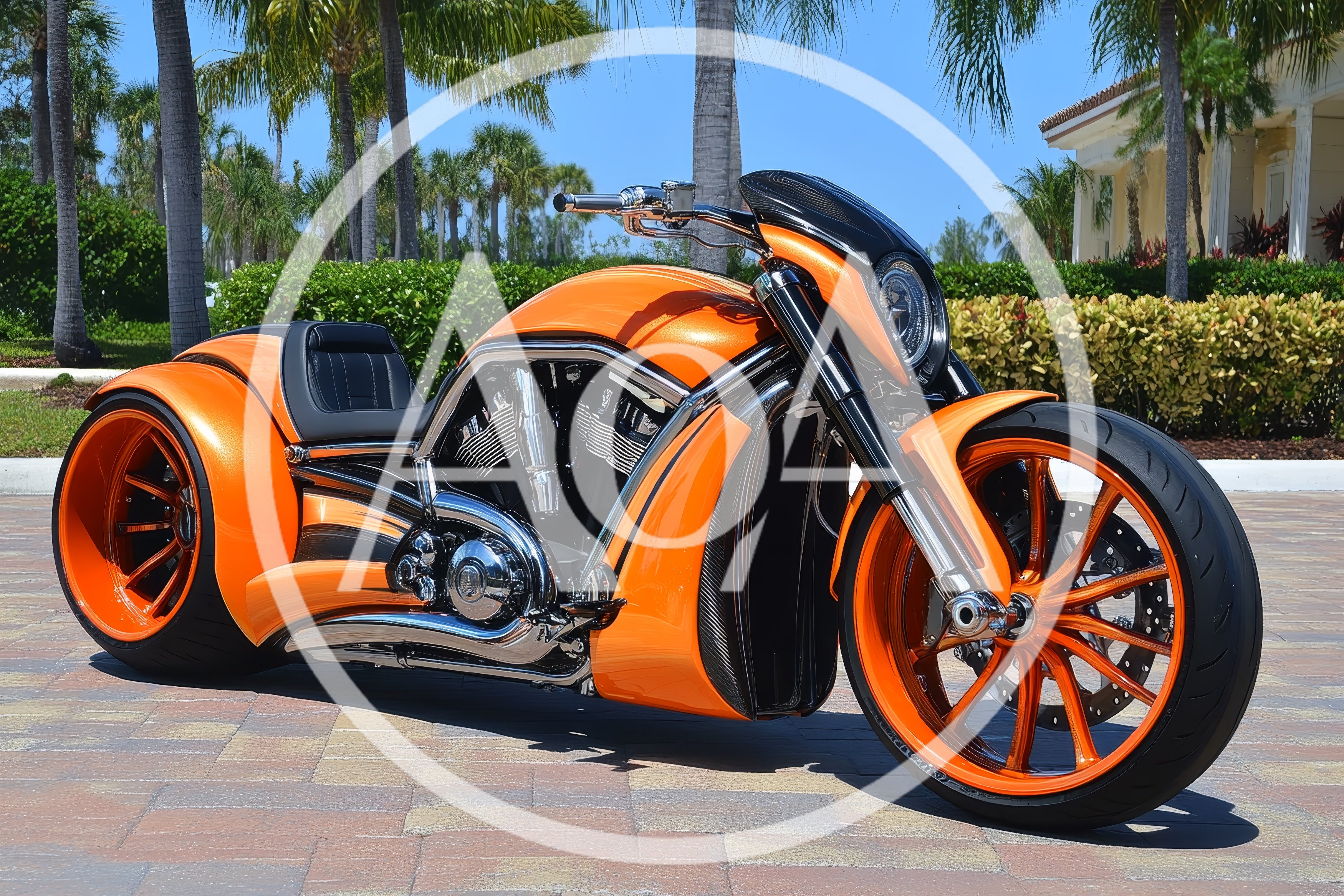 Custom Orange V-Rod Motorcycle Parked Outdoors