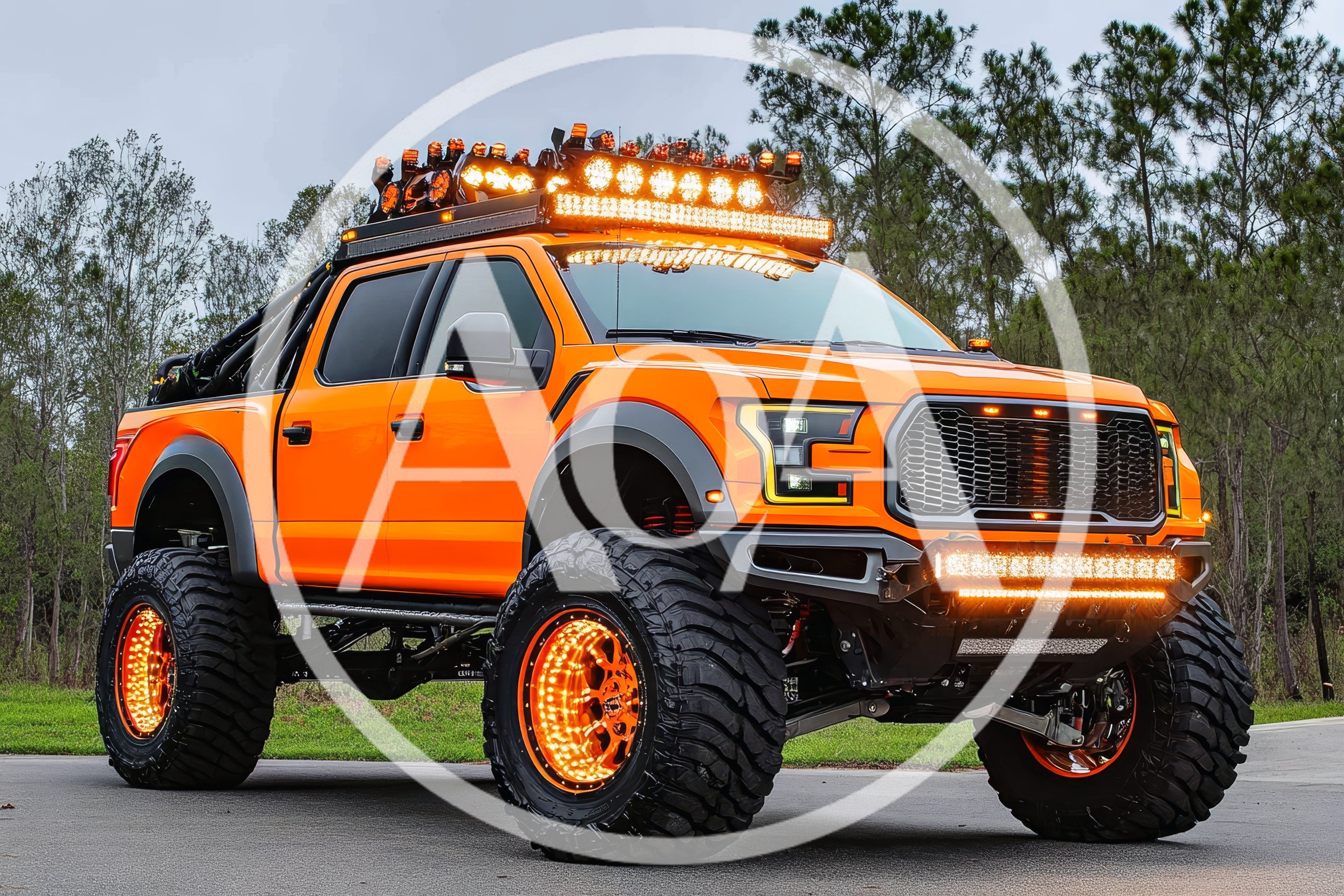 Custom Lifted Orange Ford Raptor Off-Road Truck