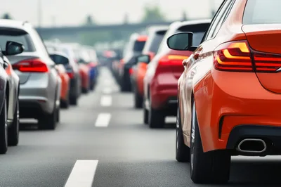 Traffic Jam With Cars In A Highway Lane