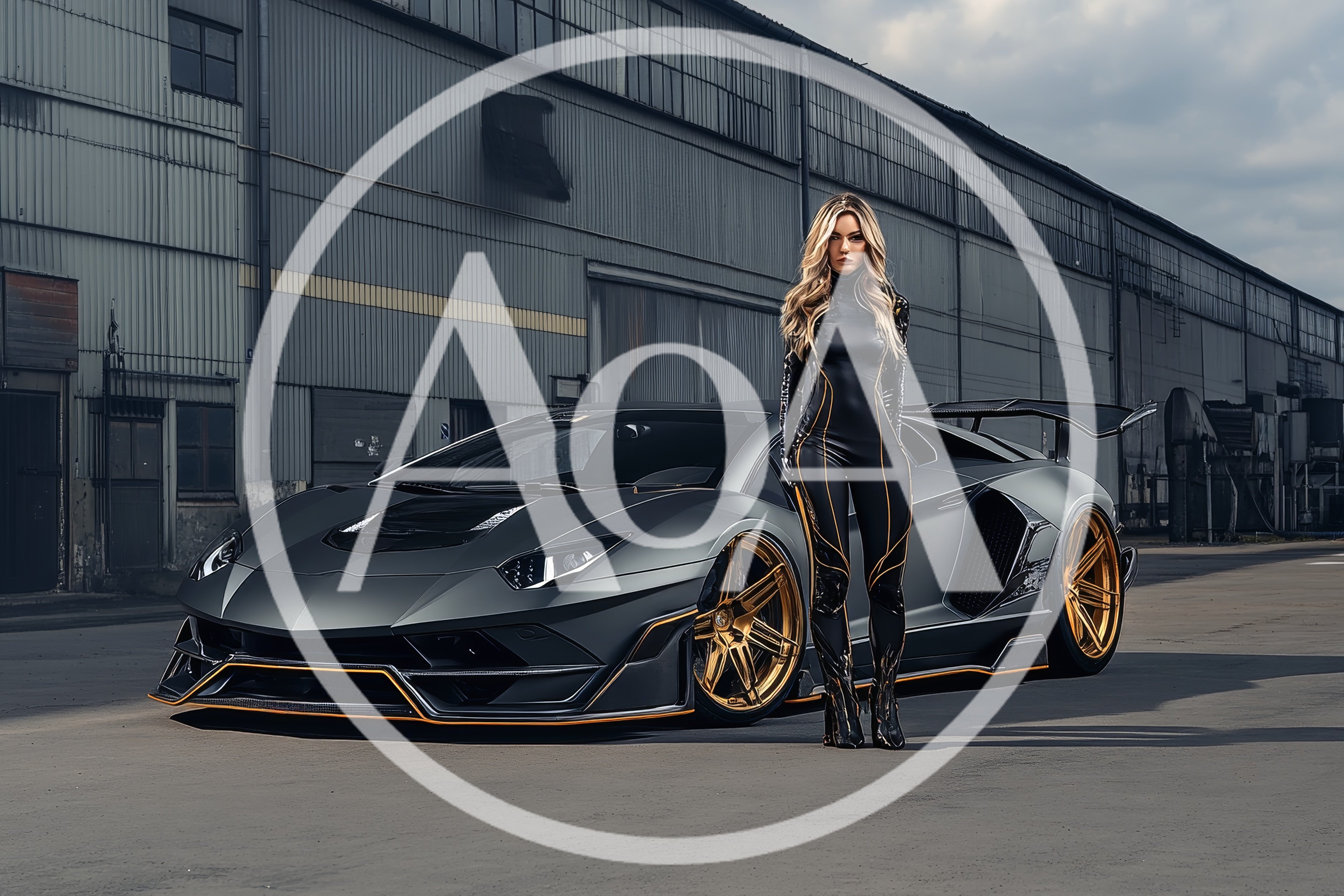 Blonde Woman Standing Beside A Custom Matte Grey Supercar