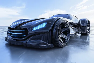 Futuristic Black Sports Car On Reflective Surface