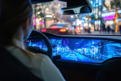 Woman Driving Car With Futuristic Augmented Reality Dashboard