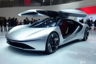 Silver Concept Supercar With Gullwing Doors On Display