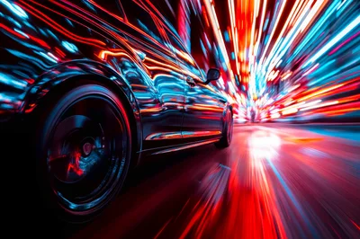 Luxury Sports Car Driving Through Neon City Streets