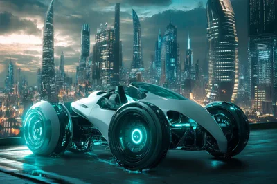 Futuristic Concept Car In Cyberpunk Cityscape