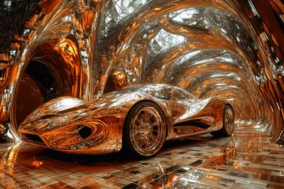 Futuristic Golden Supercar in Abstract Metallic Tunnel