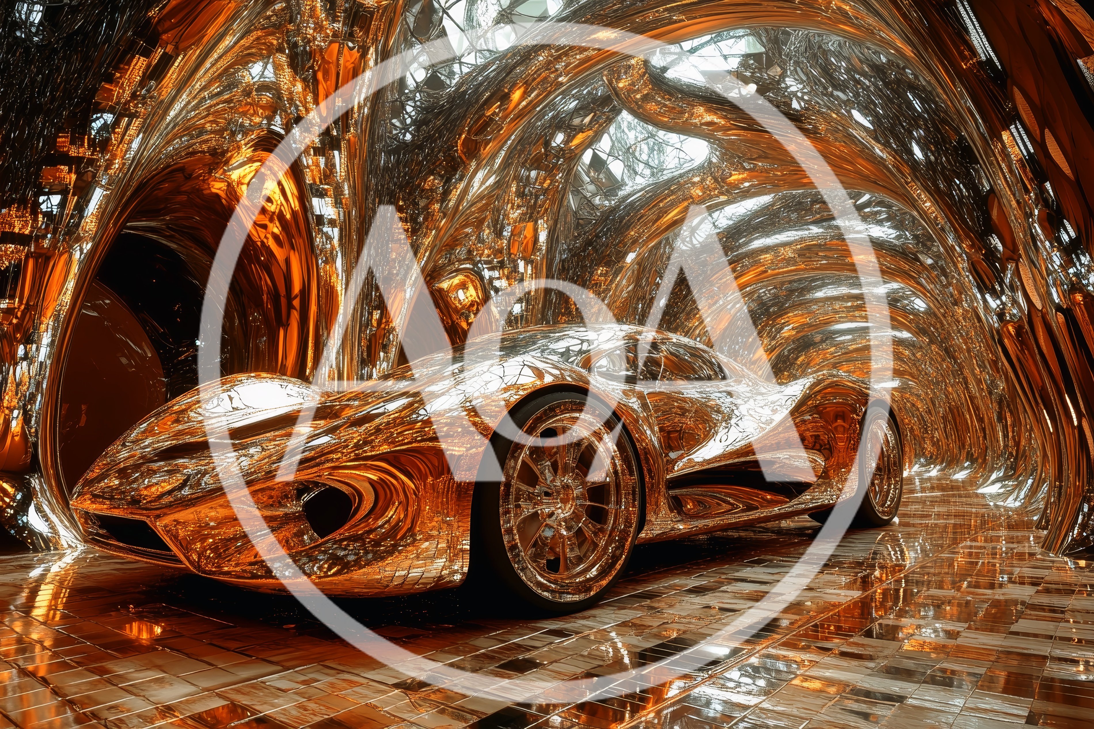 Futuristic Golden Supercar in Abstract Metallic Tunnel