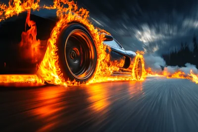 Sports Car Racing With Flaming Wheels On Asphalt