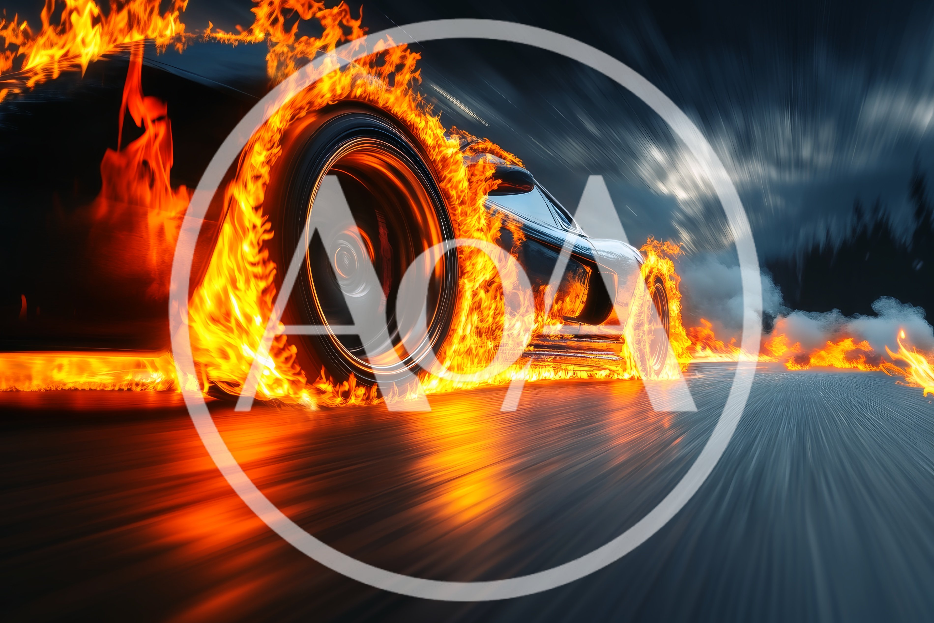 Sports Car Racing With Flaming Wheels On Asphalt